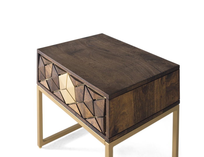 GINER Y COLOMER Table de nuit en bois de manguier avec 1 tiroir et pieds métal doré - Finition noyer doré - Dimensions 51x40x49 cm